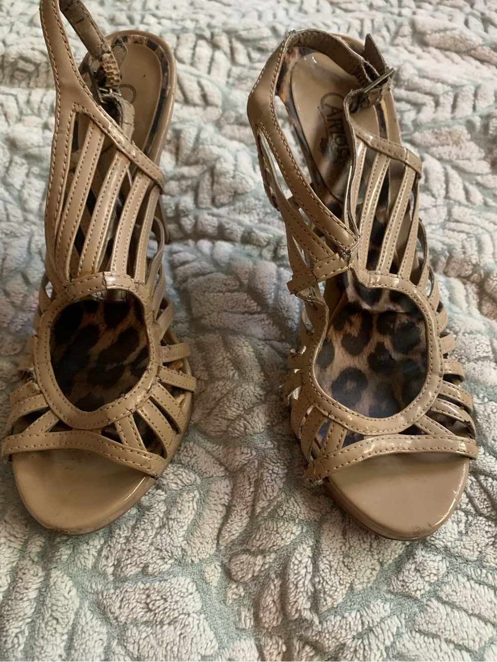 Carlos by Carlos Santana Tan Strappy Heels with Leopard Insole